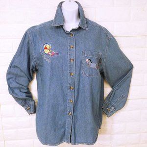 Pooh Disney Novelty Denim Shirt Shacket Lady-S Buttons Embroidery Eeyore Piglet
